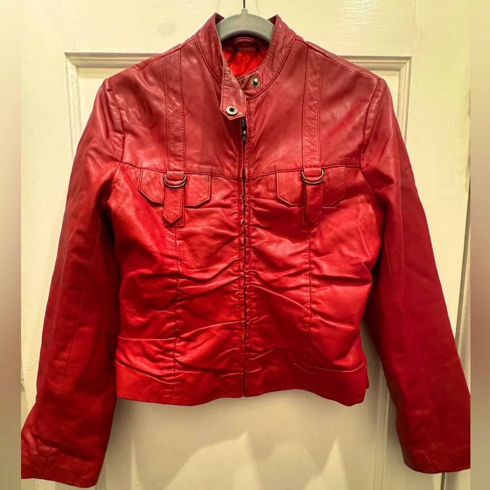 Hudson Leather vintage red ruched motorcycle jacket Size Large